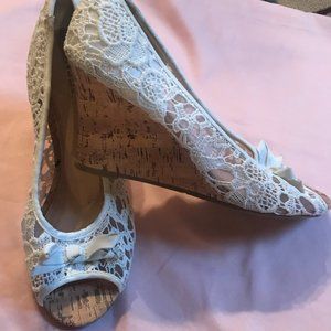 Off White Lace Wedge Sandals